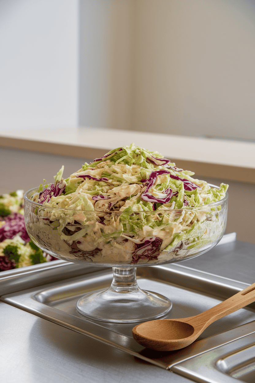 An indoor buffet counter showing a glass serving dish filled with green and purple cabbage coleslaw lightly coated in creamy dressing, a wooden spoon resting nearby. No text or logos visible; photo only.