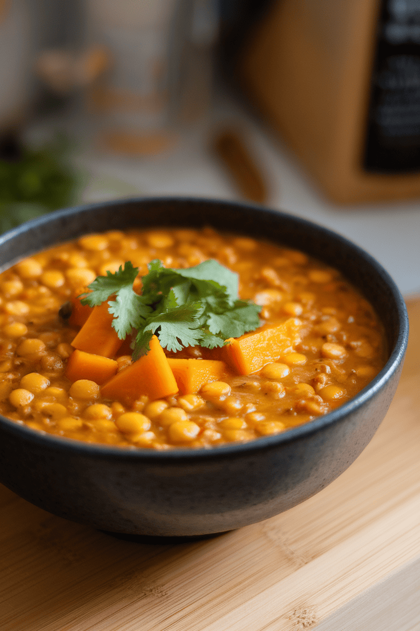 A bowl indoors containing yellow split peas and bright orange butternut squash pieces in a spiced lentil soup, cilantro garnish. No text or logos.