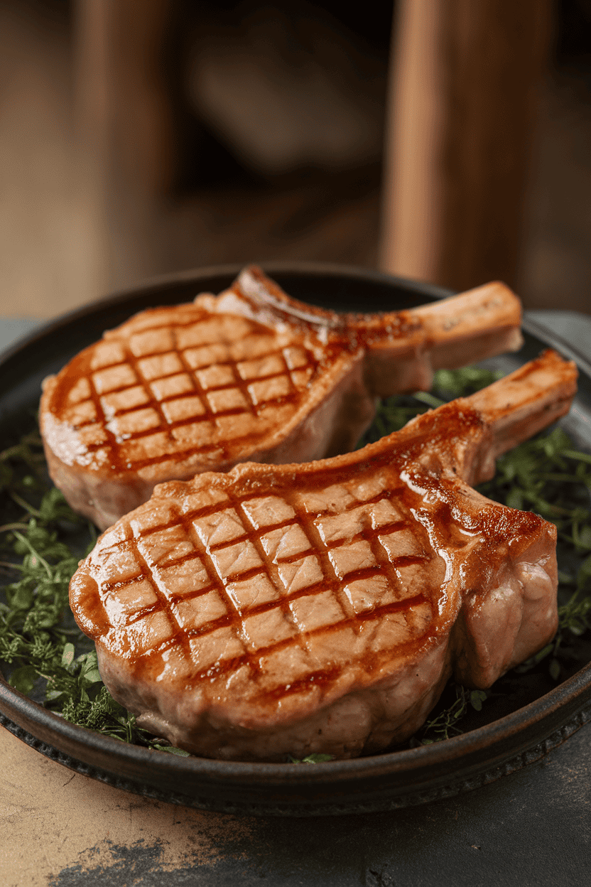 Indoor photo of glazed boneless pork chops, cross-hatched sear marks visible, on a dark ceramic plate. No logos or text.