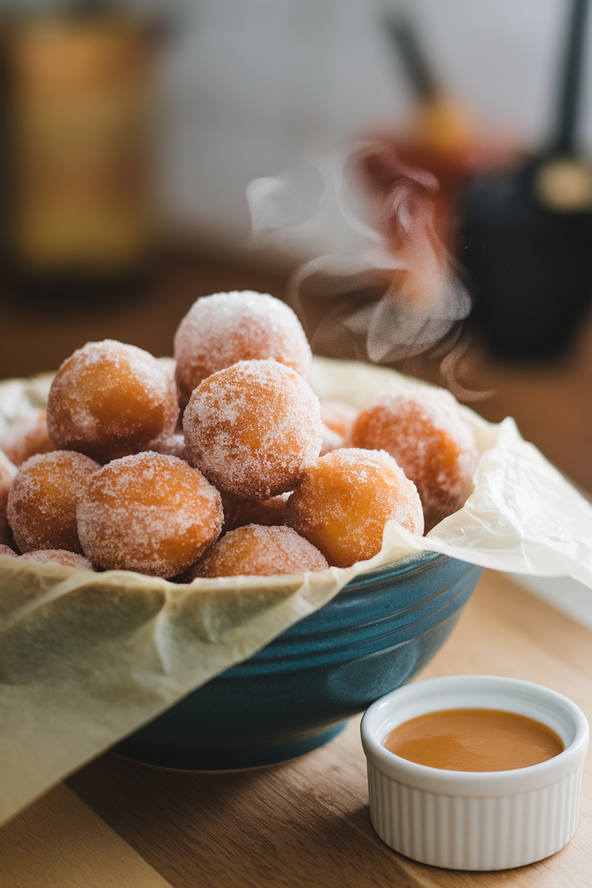 An indoor bowl lined with parchment paper holding sugar-coated donut holes, steam hinting at their warmth, a small ramekin of apple cider glaze beside them. No text or logos.