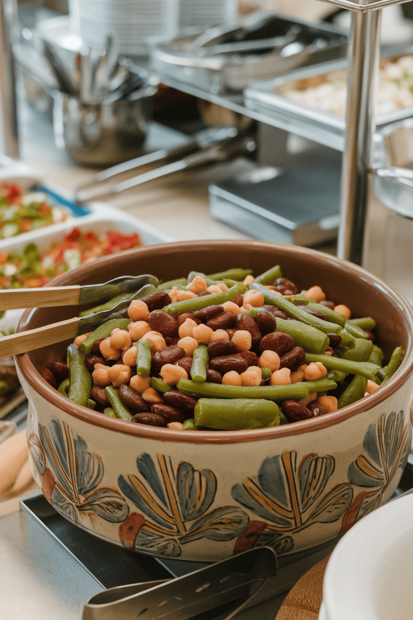 An indoor buffet scene showing a ceramic bowl filled with green beans, kidney beans, and chickpeas tossed in sweet-tart dressing, wooden tongs nearby. No text or logos; photo only.
