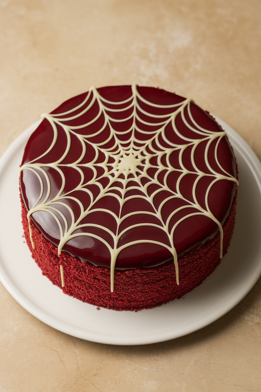 Indoor photo of a red velvet torte with glossy dark ganache and a white chocolate spiderweb pattern piped on top, captured at a slight overhead angle. No text or logos.