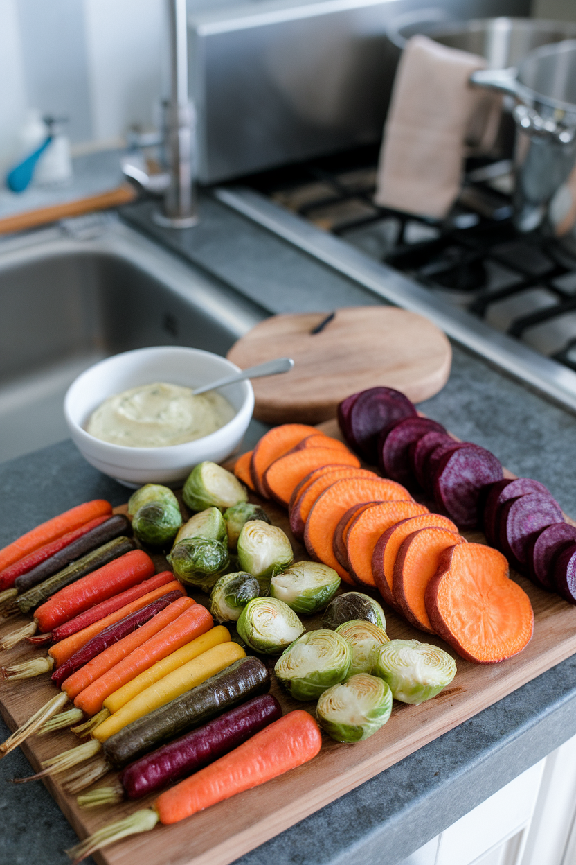 Indoor countertop with a vibrant board lined with rows of roasted rainbow carrots, Brussels sprout halves, sweet potato rounds, and beet wedges, plus a bowl of garlic aioli. No text or logos. Photo only.