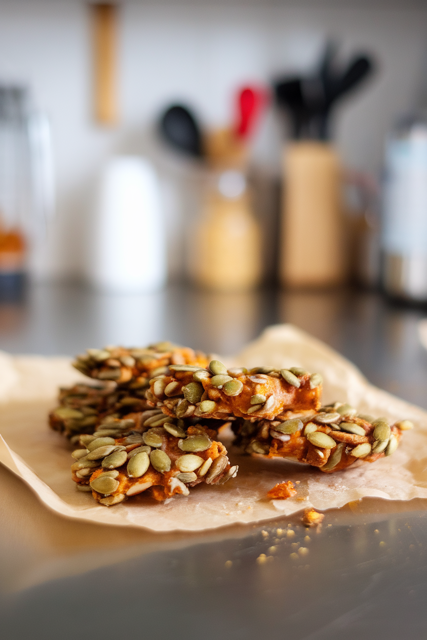 Photo of amber pumpkin seed brittle broken into jagged pieces on parchment, indoor kitchen counter, no logos or text.