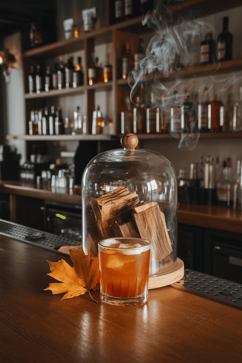 Indoor rustic bar scene showing a rocks glass of amber cocktail under a glass cloche filled with wood smoke, maple leaf beside; photo only, no text or logos.