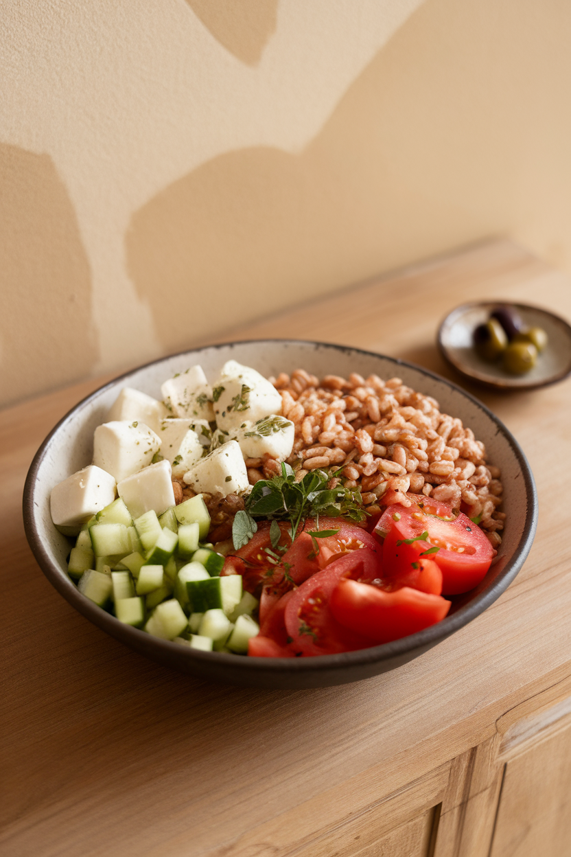 An indoor photo of a bowl containing farro, diced cucumber, tomato wedges, mozzarella cubes, and herbs, no text or logos.