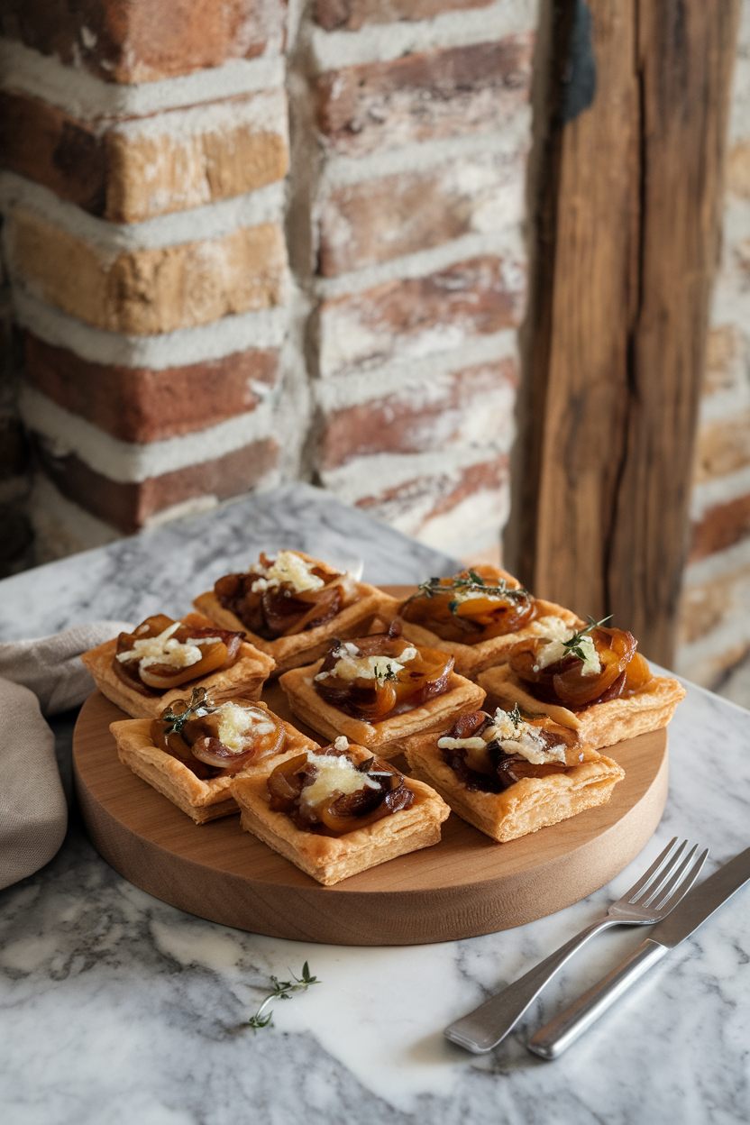 Indoor dining setup with a wooden board of puff pastry tart squares topped with caramelized onions, gruyère, and thyme, arranged neatly. No text or logos. Photo only.