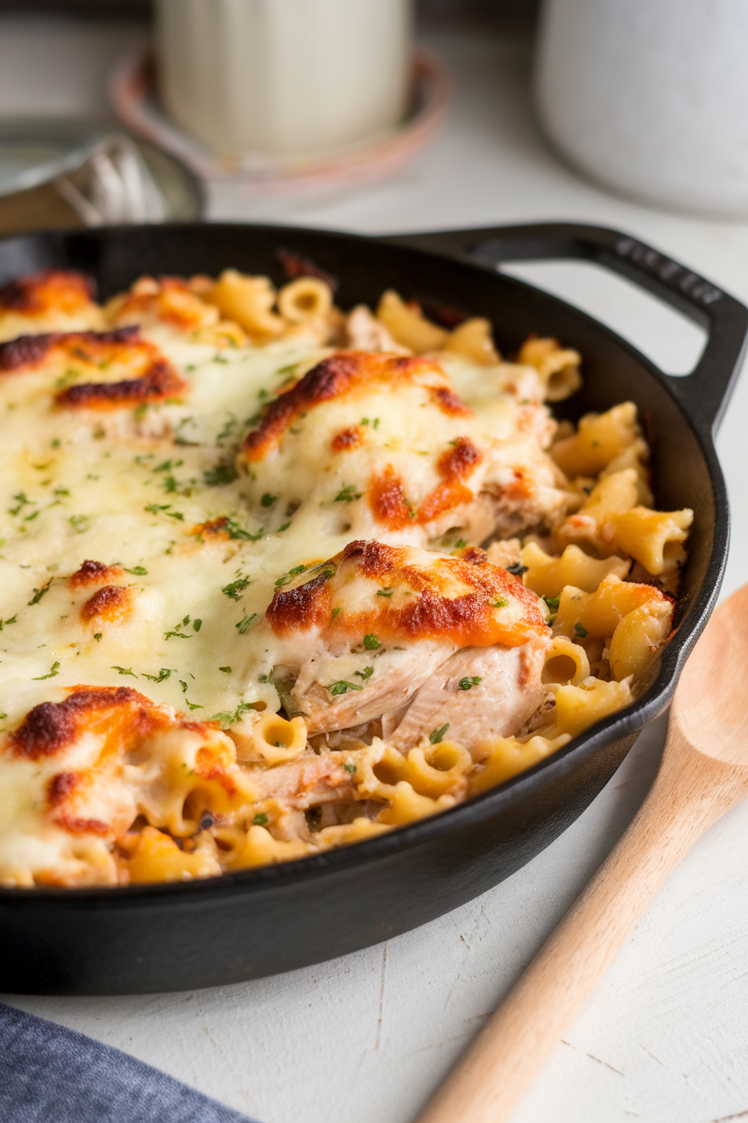 Indoor photo of bubbling garlic Alfredo chicken and pasta bake with browned cheese on top; oven-lit scene, no text or logos