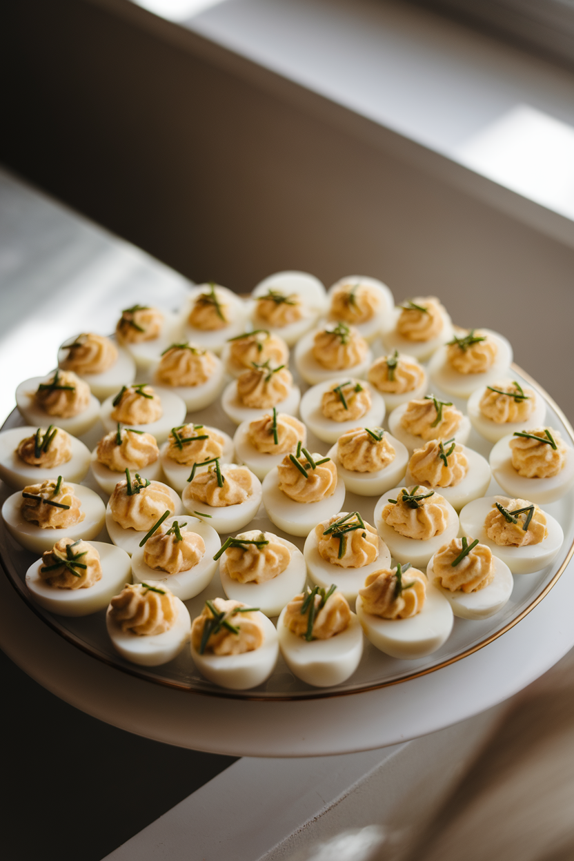 A platter indoors of neatly halved deviled eggs topped with snipped chives, soft overhead lighting; no text or logos. Photo.</Prompt