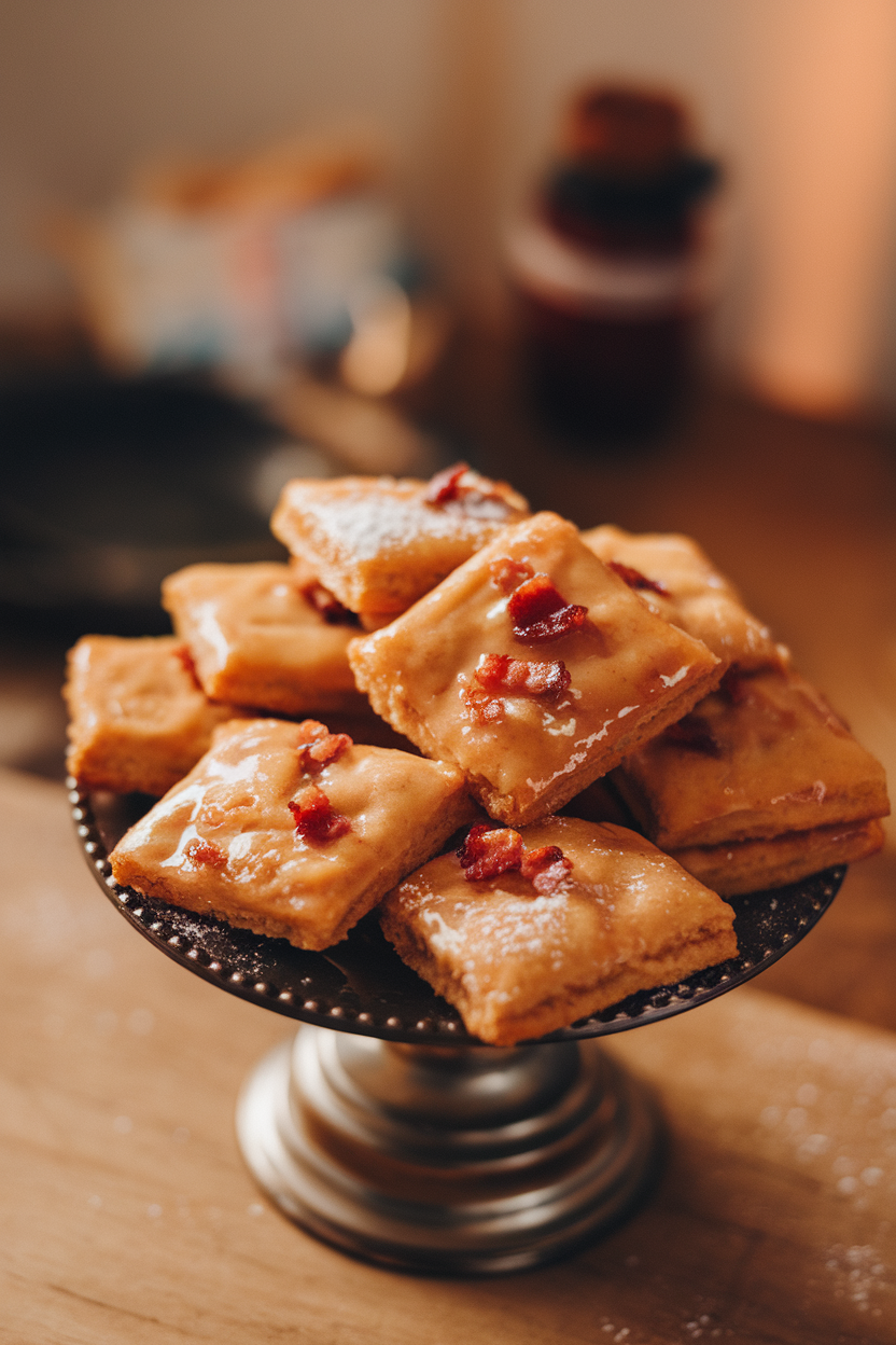Indoor small platter of square cookies with visible bacon bits and maple glaze sheen. Warm lighting, no logos or text. Photo, not illustration.