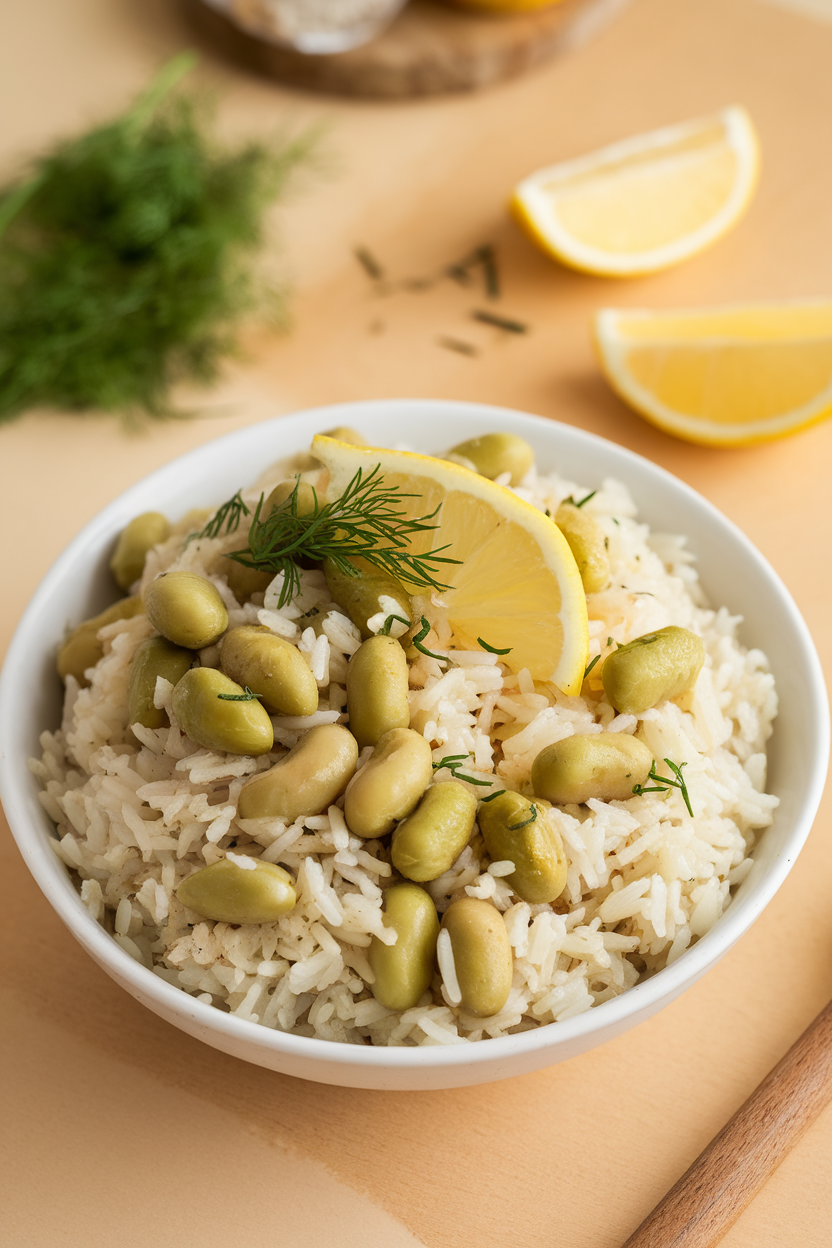 Warm indoor shot of basmati rice mixed with tender fava beans, topped with fresh dill and a wedge of lemon. No logos or text.