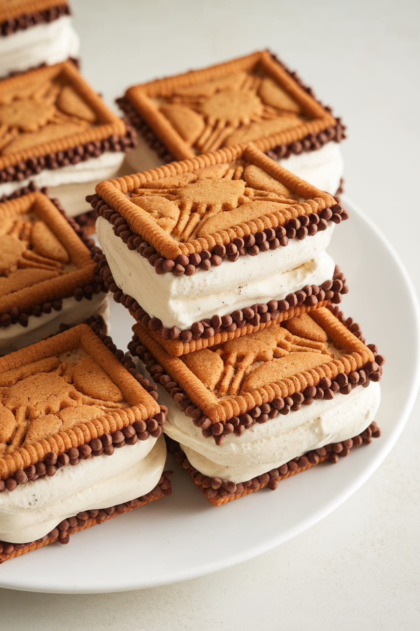 Indoor photo of ice cream sandwiches made with gingersnap cookies and vanilla ice cream, edges rolled in mini chocolate chips. No text or logos.