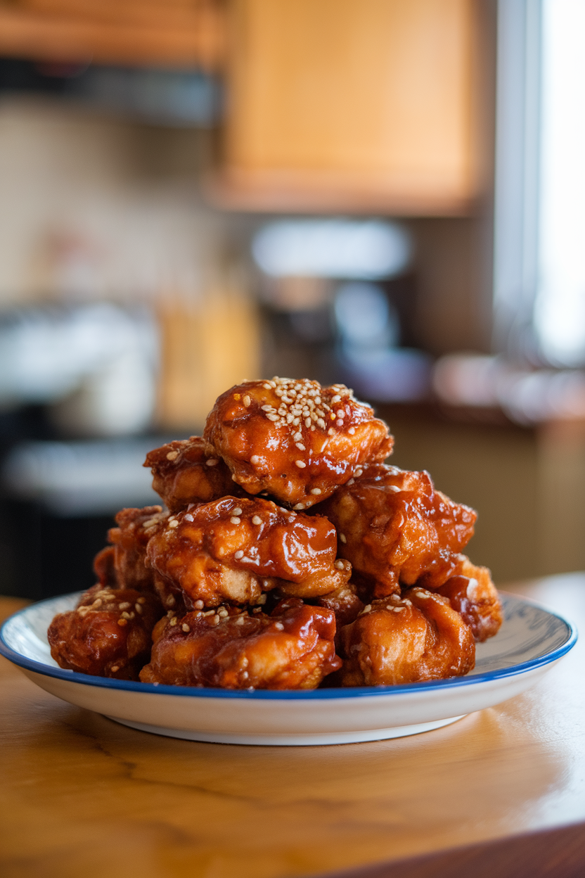 Indoor countertop scene with twice-fried chicken breast chunks coated in sticky gochujang glaze, sesame seeds sprinkled on top, photo only, no text or logos