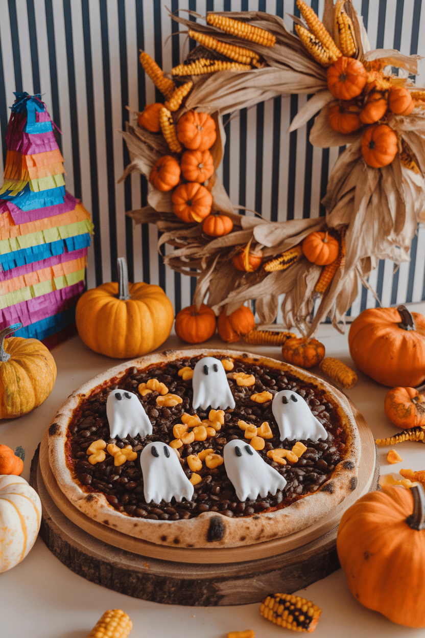 Indoor fiesta scene with a black-bean pizza decorated with sour-cream ghost shapes and corn “confetti.” No text or logos.