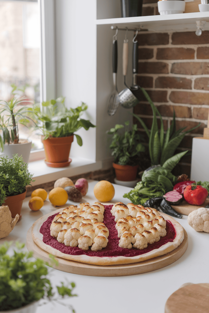 Bright indoor kitchen with a pizza showcasing roasted cauliflower florets arranged to look like a brain on beet-dyed sauce. No text or logos.