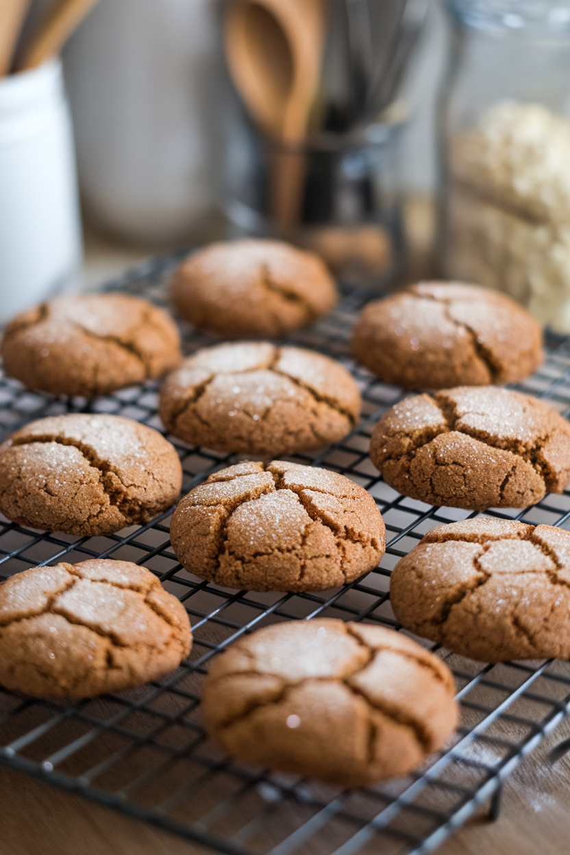 Indoor cooling rack filled with cracked-top ginger molasses cookies, light sugar sparkle visible. No text or logos.