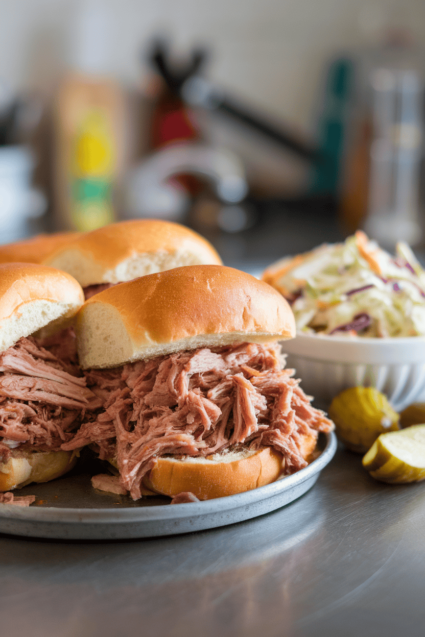Indoor countertop scene featuring a platter of pulled pork piled onto soft brioche buns with a side bowl of coleslaw. No text or logos; photo only.