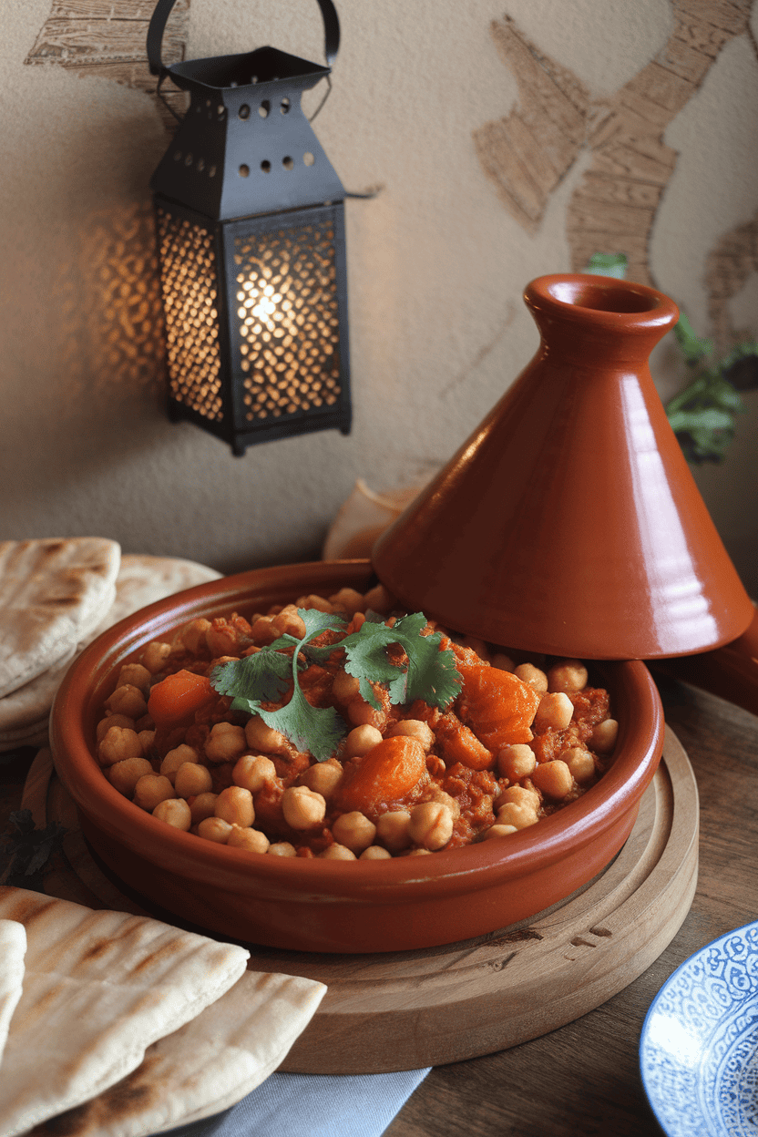 Indoor dinner scene with a tagine-style clay dish filled with chickpeas, carrots, and apricots in a spiced tomato sauce, sprinkled with cilantro. No text or logos visible. Photo, not illustration.
