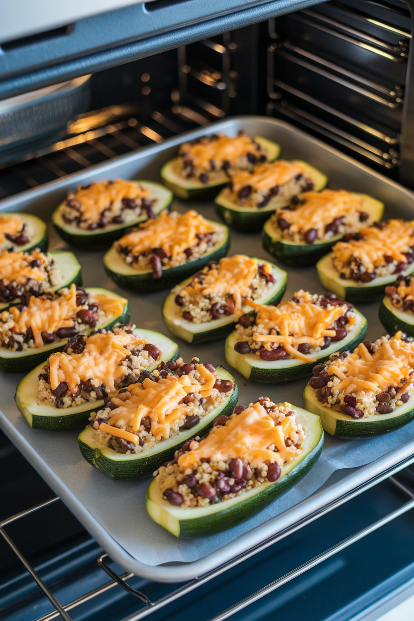 An indoor oven tray with zucchini halves filled with quinoa, corn, and black beans, cheese melted lightly on top. Photo only, no text or logos.