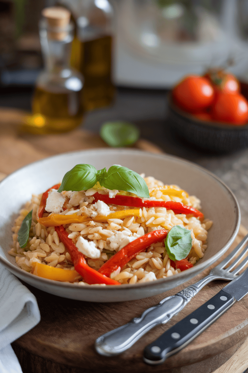 Indoor tabletop shot of cooked orzo pasta with strips of roasted red and yellow peppers, goat cheese crumbles, and basil; no logos.