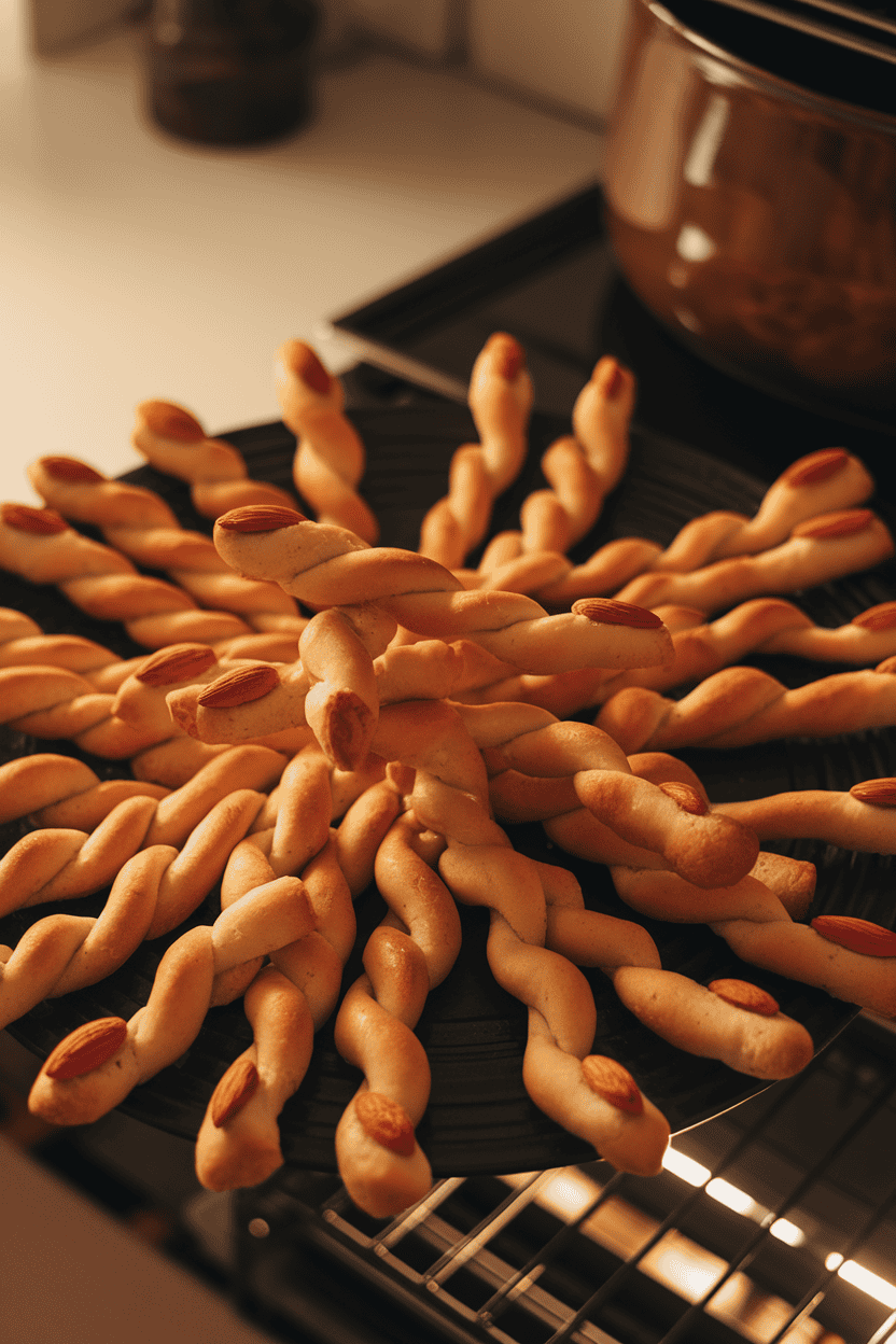 Indoor photo of twisted breadsticks shaped into fingers, almond “nails” tinted red, arranged on a black platter. Warm oven-side lighting, no text or logos.