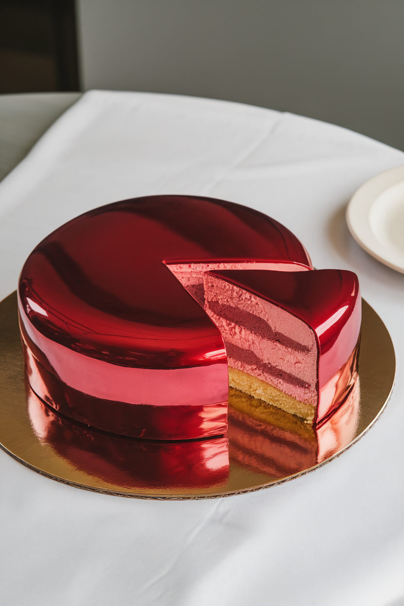 Indoor photo of a shiny red mirror-glaze entremet with a slice removed to reveal pink mousse layers, set on a reflective cake board. No text or logos.