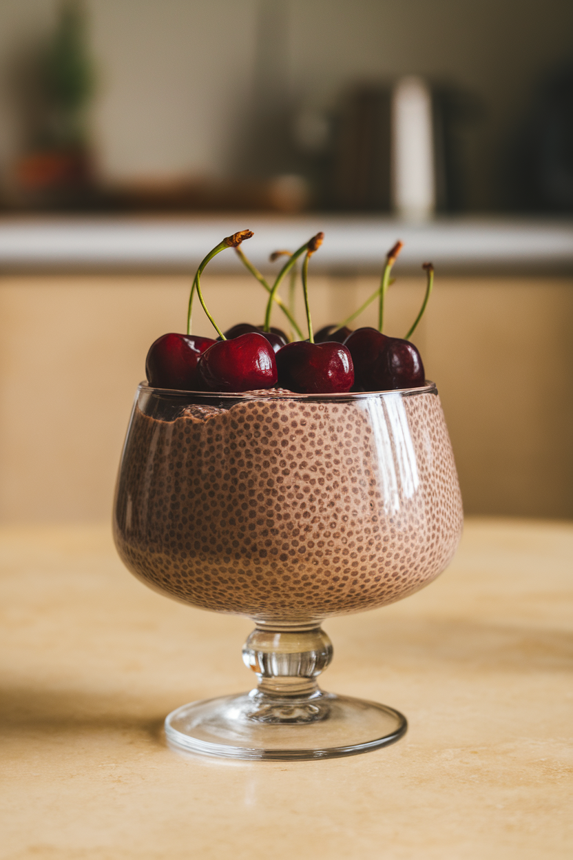 A glass dessert dish on an indoor table filled with dark chocolate chia pudding, topped with fresh cherries. Photo only, no text or logos.