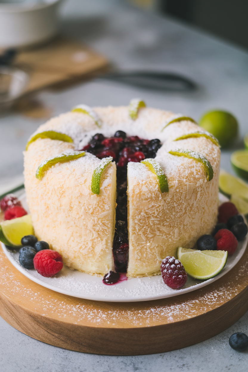 Indoor photo of a coconut-covered cake with lime zest accents and a single crack down the center filled with dark berry sauce. No text or logos.