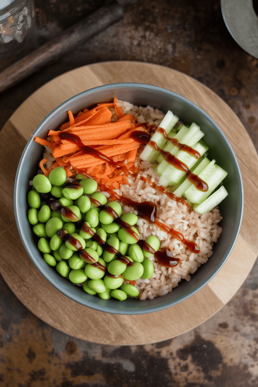 Indoor photo of a shallow bowl with brown rice, shelled edamame, shredded carrots, cucumber ribbons, and a drizzle of soy sauce, overhead view, no text or logos.