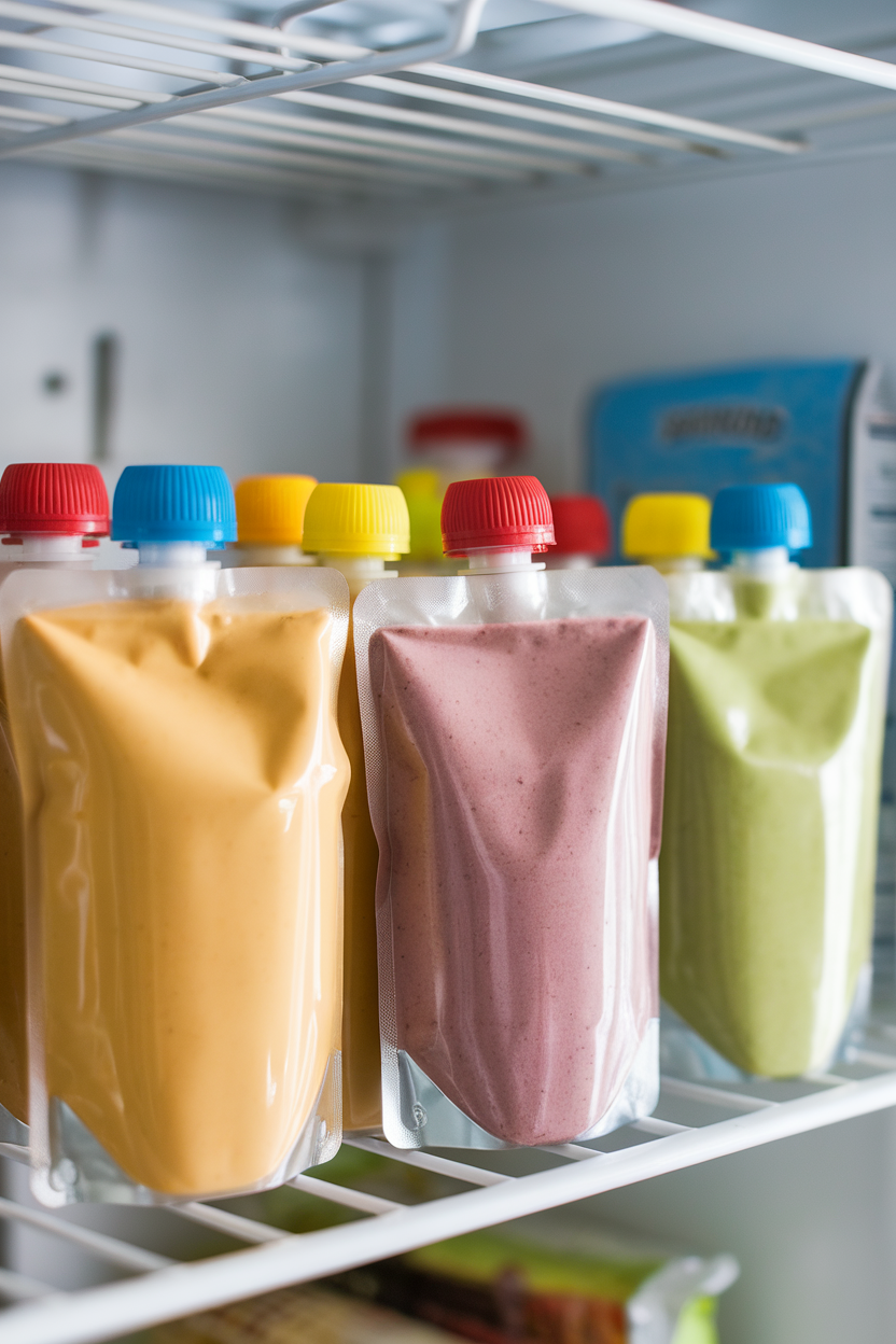 An indoor refrigerator shelf view of several shelf-stable fruit smoothie pouches standing upright, colorful caps visible, no logos or text.