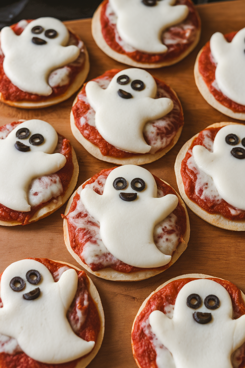 Photo of bite-size pizza rounds topped with melted mozzarella ghosts cut by cookie cutter, black olive eyes, set on an indoor wooden board. No text or logos.