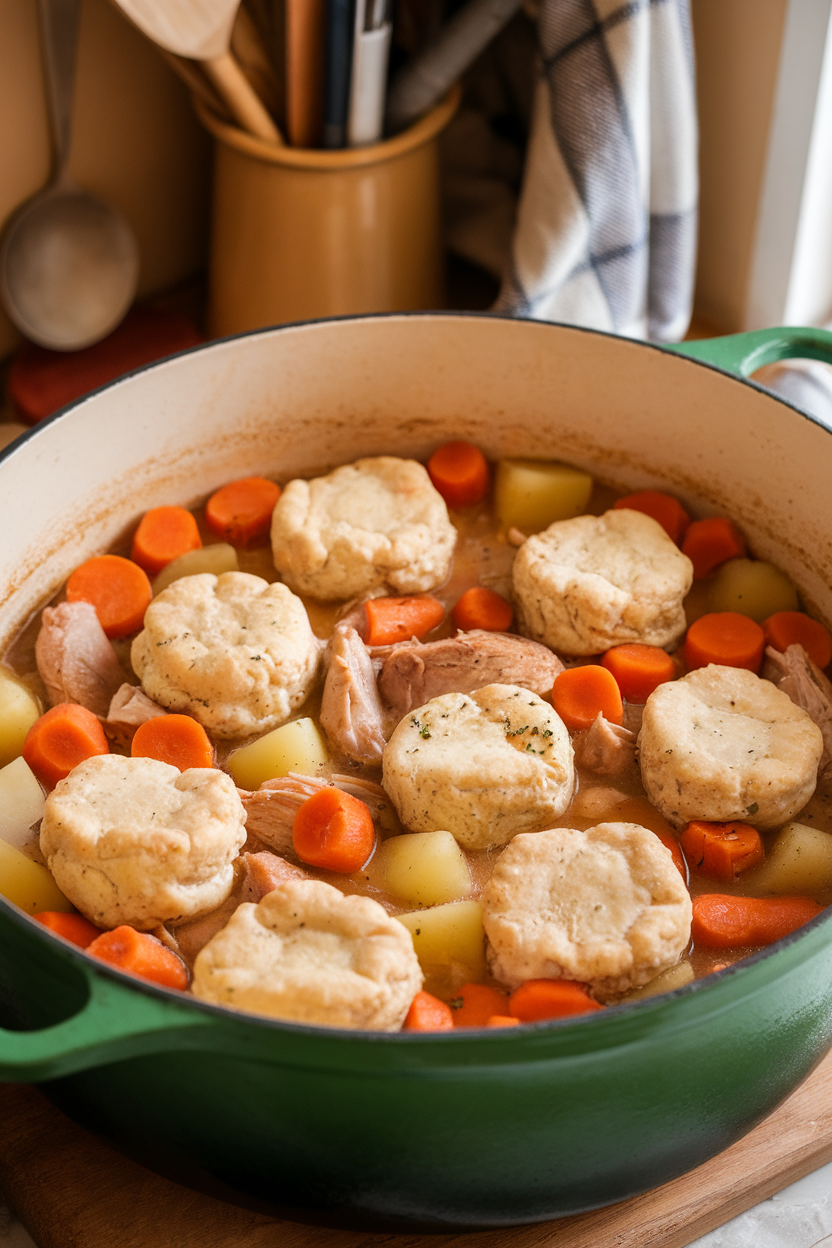 Warm indoor kitchen counter displaying a Dutch oven brimming with chicken stew and fluffy biscuit-style dumplings floating on top, no text or logos. Photo.