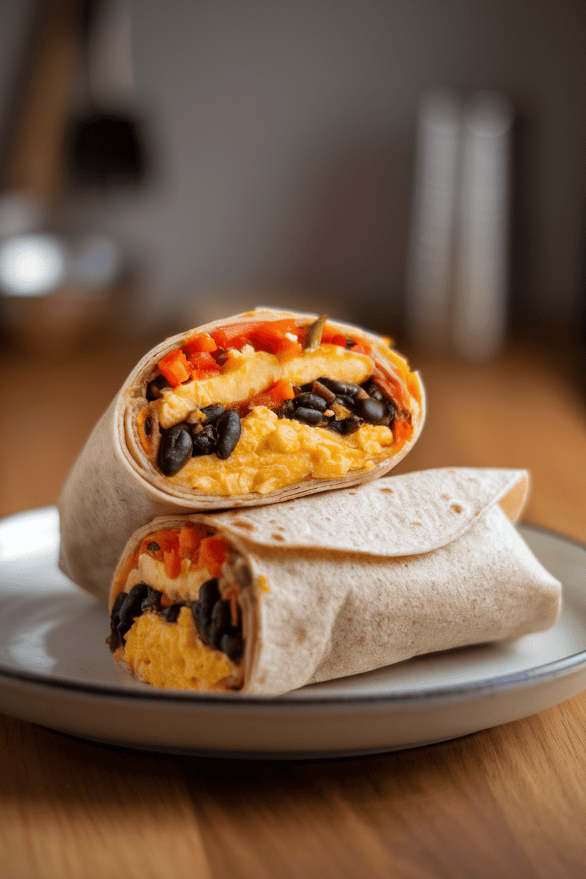 An indoor tabletop with a halved breakfast burrito revealing black beans, scrambled eggs, and sautéed peppers, wrapped in a whole-wheat tortilla. No text or logos visible. Photo, not illustration.