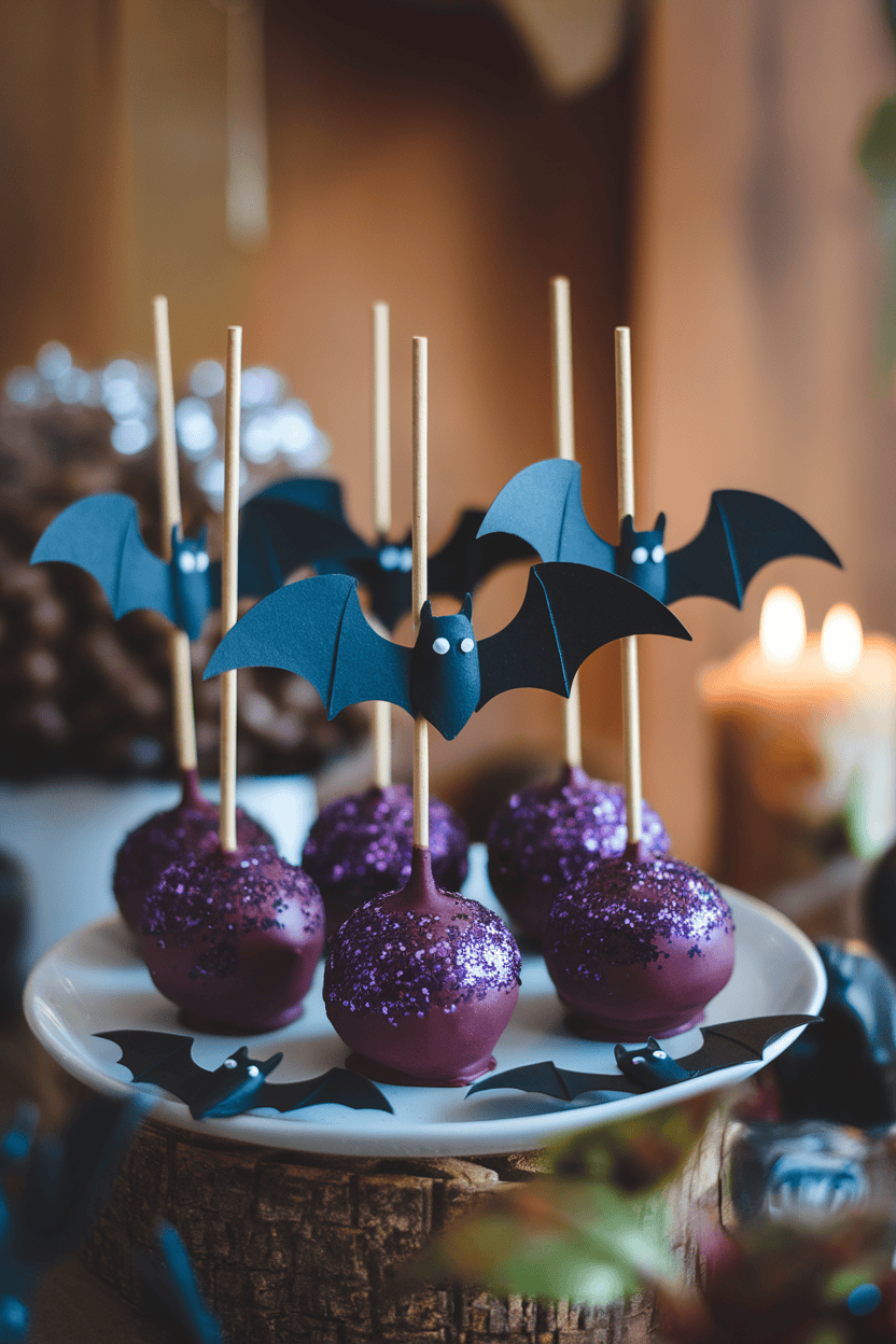 Deep purple cake pops with edible glitter and small black paper bat wings, indoor setting; no logos or text. Photo.
