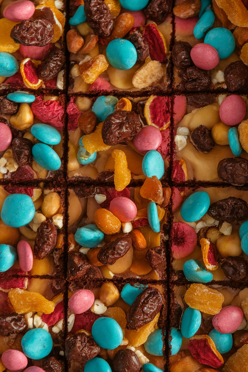 Indoor image of brownies topped with colorful trail mix—dried fruit, nuts, and candy-coated chocolates—under warm lighting; no text or logos