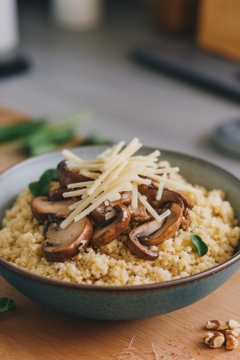Photo of a bowl indoors containing fluffy couscous with sautéed mushrooms and melted Swiss cheese strands. No text or logos.