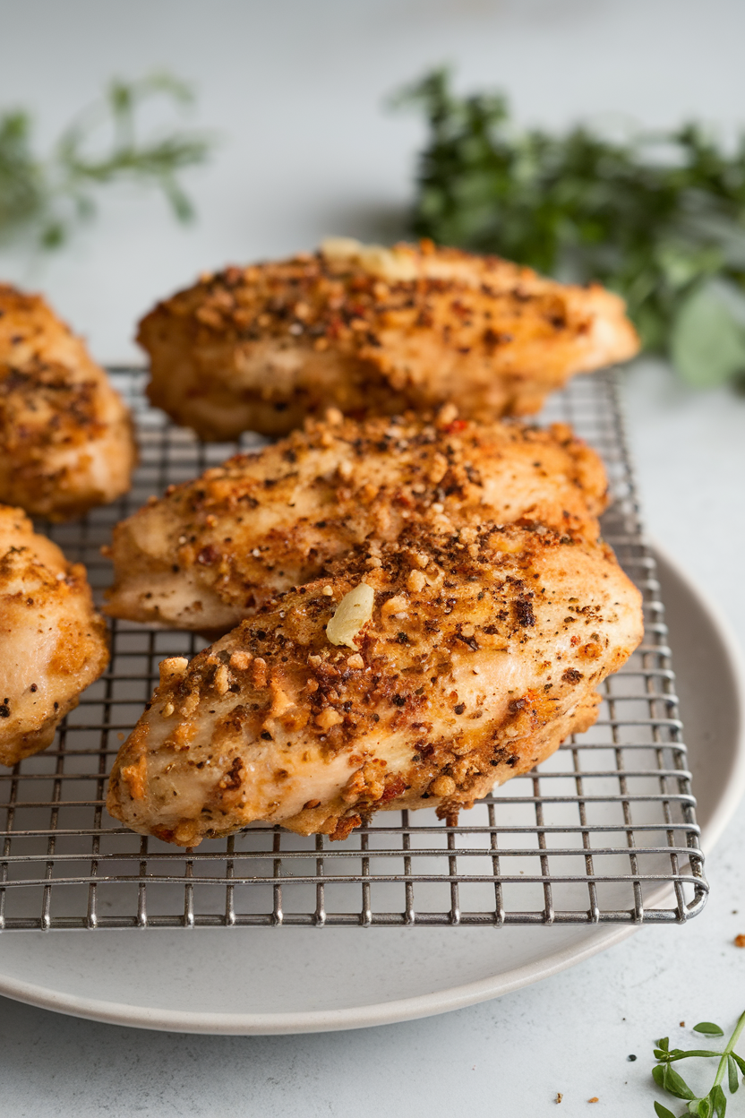 Indoor photo of crispy air-fried chicken breast pieces coated in cracked pepper and garlic, on a wire rack; even light, no text or logos