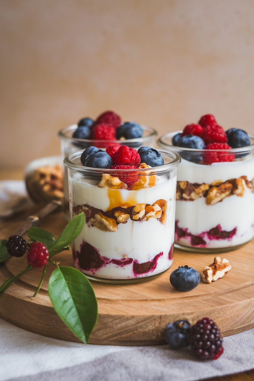 Indoor photo of clear jars layered with thick Greek yogurt, chopped walnuts, a drizzle of honey, and fresh berries on top. No text or logos.