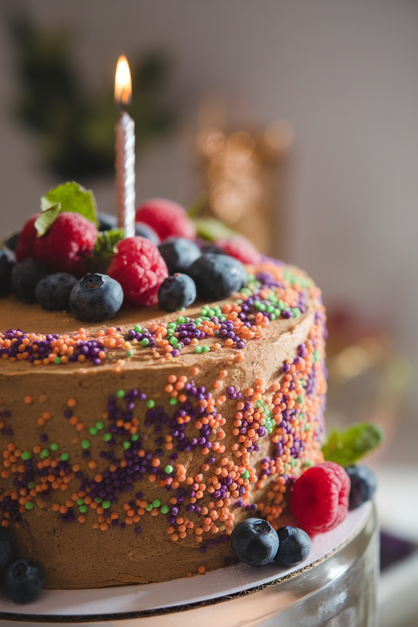 Indoor photo of a caramel-colored cake dusted with purple, green, and orange sanding sugars, flickering candlelight in background. No text or logos.