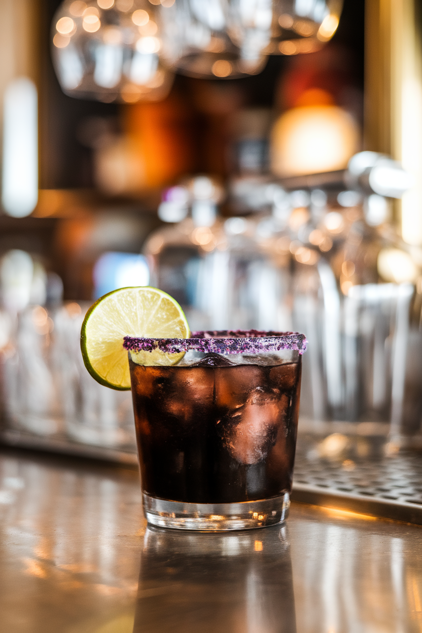 An indoor bar counter showcasing a rocks glass of jet-black margarita with a purple salt rim and a dehydrated lime wheel perched on top. No text or logos visible. Photo, not illustration.