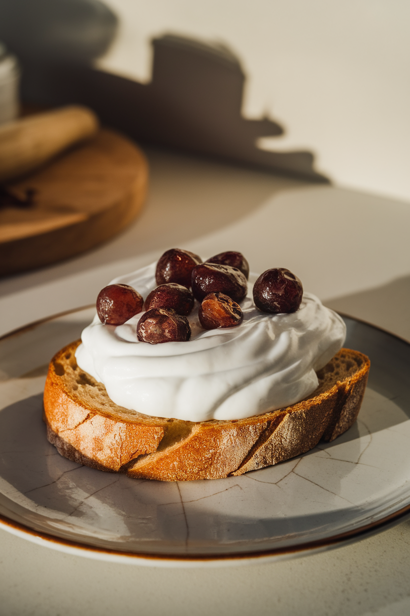 Photo of toasted bread spread with yogurt and topped with roasted grapes, captured indoors with soft lighting. No text or logos present.