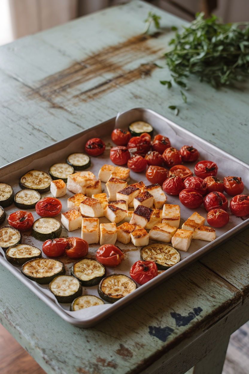 A sheet pan on an indoor table featuring golden halloumi cubes, zucchini rounds, and cherry tomatoes, all roasted. No text or logos.