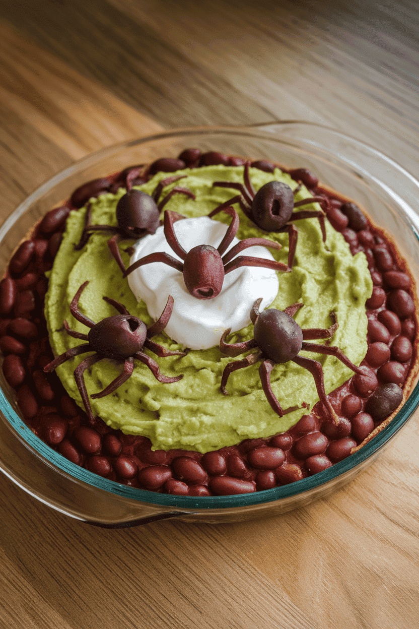 Indoor glass pie dish layered with beans, guacamole, sour cream web, and olive spiders on top. No logos or text.