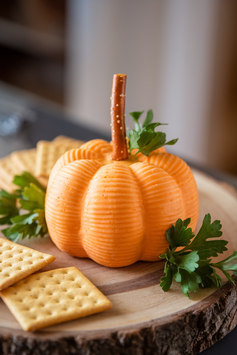 Photo of a small cheddar-orange cheese ball molded like a pumpkin, pretzel stick “stem,” and a few parsley leaves, set on an indoor wooden board with crackers. No text or logos.
