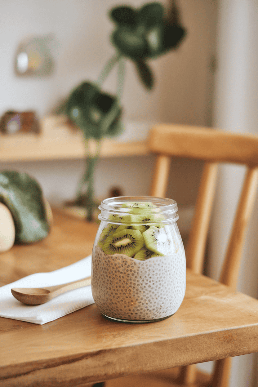 An indoor breakfast nook with a glass jar layered with creamy coconut chia pudding, topped with fresh kiwi slices—no text or logos visible. Photo only.
