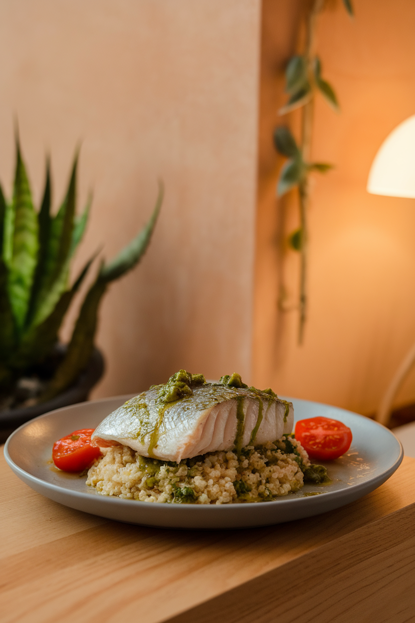 Warm indoor shot showing flaky cooked sea bass fillet atop bulgur, drizzled with parsley-capers salsa verde and sided by blistered tomatoes. No logos or text.