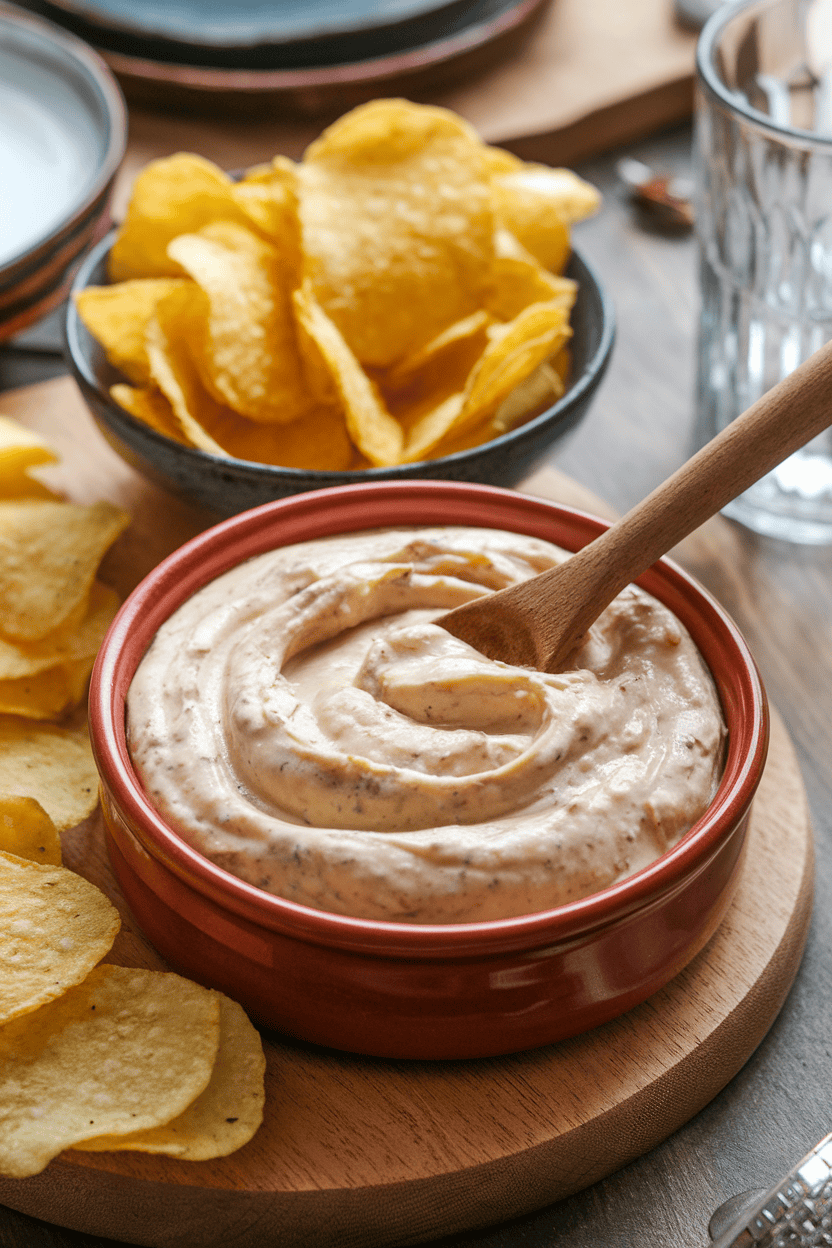 An indoor coffee table scene with a ceramic dish of creamy caramelized onion dip swirled on top, kettle potato chips close by. No text or logos; photo only.