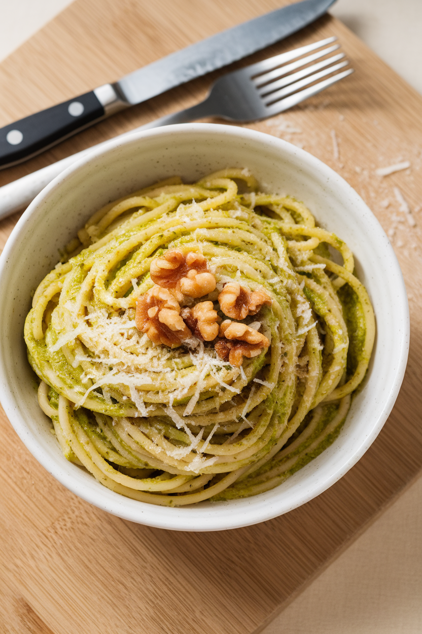 An indoor dining setup with a bowl of whole-wheat spaghetti tossed in bright green walnut pesto, garnished with grated Parmesan; no logos present.