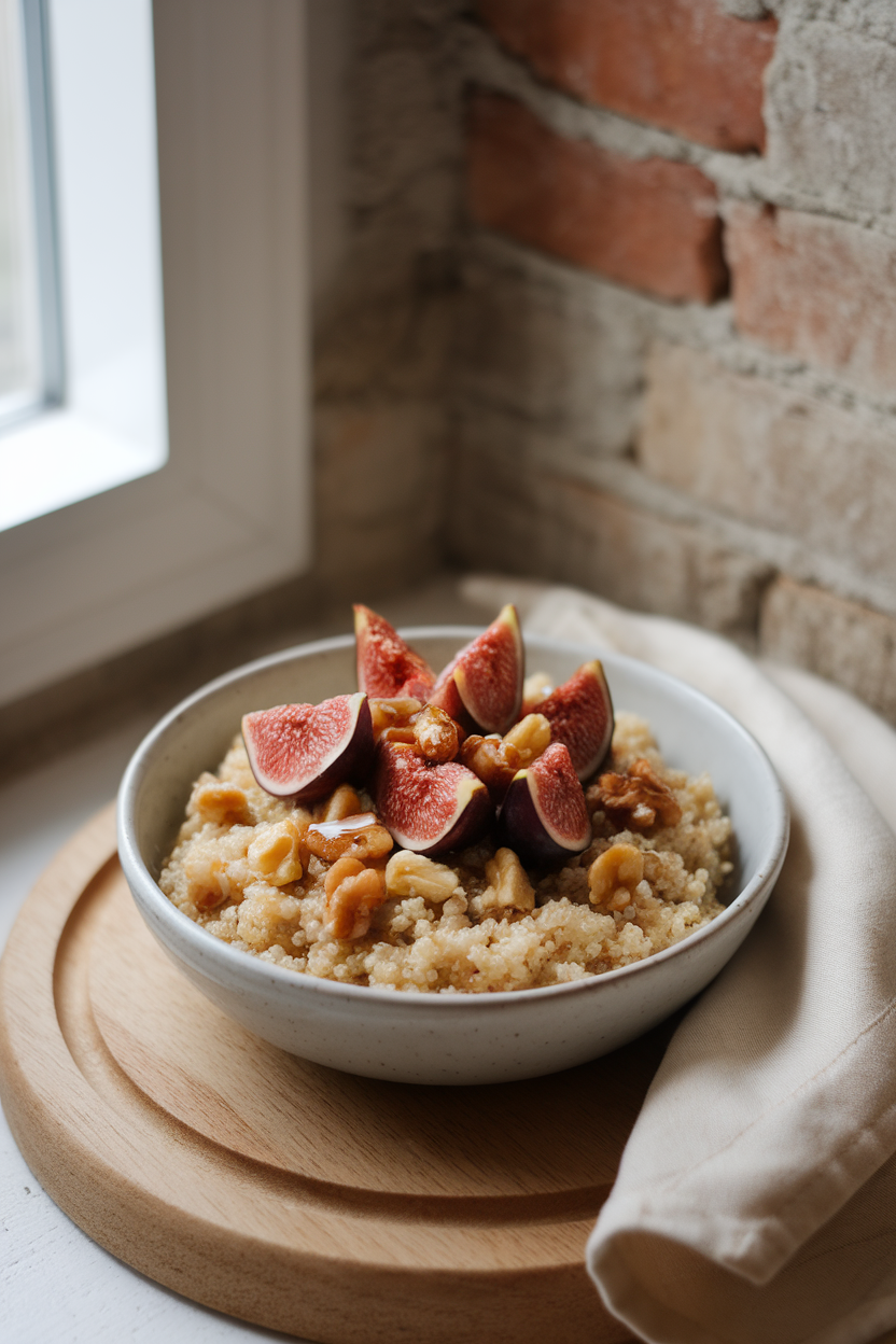 Photo of a bowl of fluffy quinoa topped with quartered fresh figs, toasted walnut pieces, and a drizzle of honey, shot indoors near a window. No text or logos.