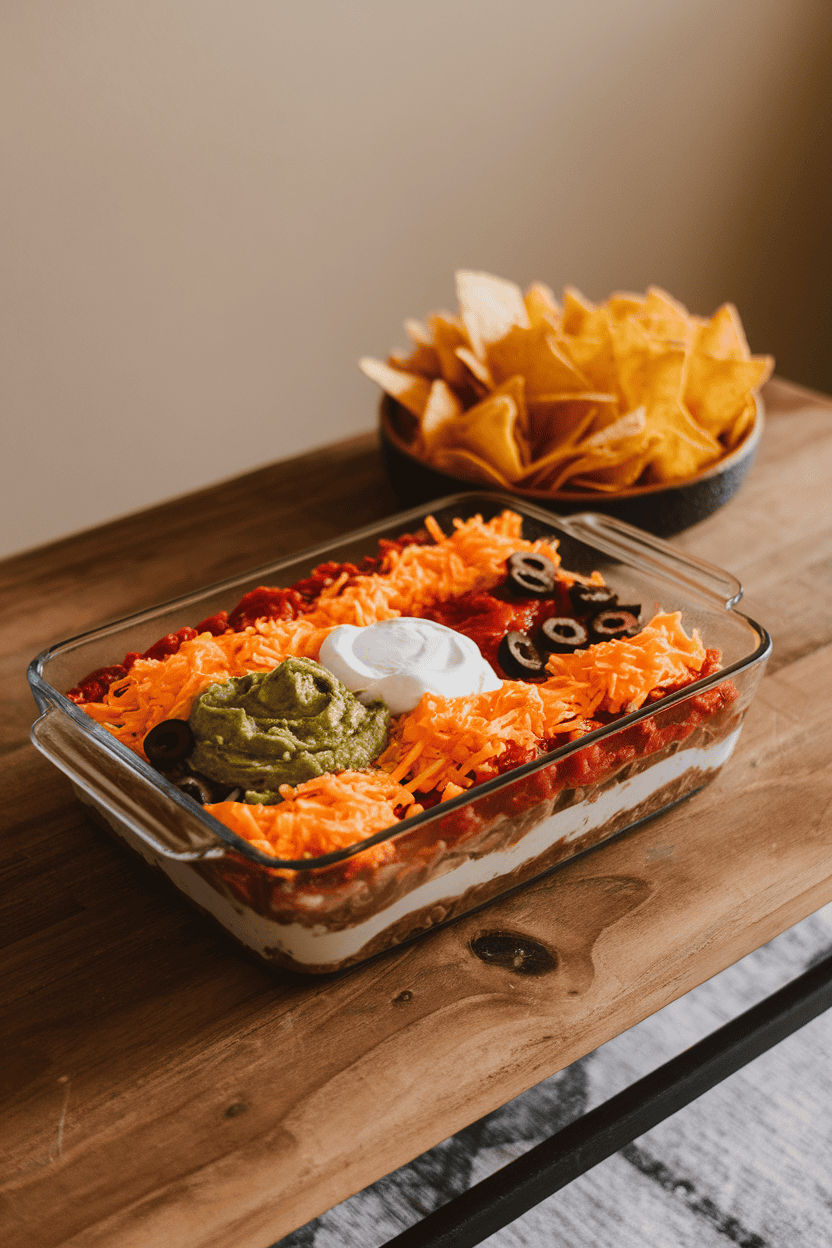 An indoor coffee table with a glass casserole dish showing layers of refried beans, guacamole, sour cream, salsa, shredded cheese, and olives. No text or logos; photo.